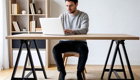 Young man working from home typing on laptop at minimalist wooden desk with shelves and plants