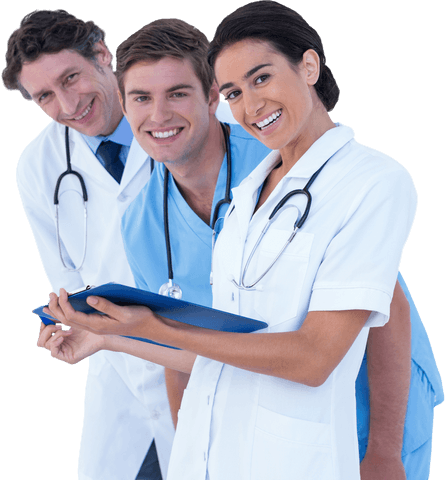 Transparent smiling medical team with clipboard