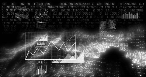 Monochrome cyber data interface displaying translucent line chart over binary streams