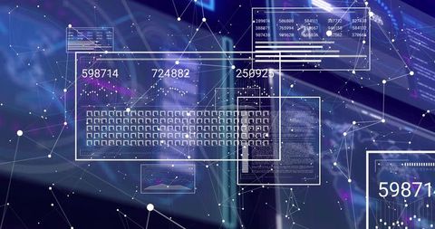 Futuristic Digital Interface with Floating Data Panels and Network Nodes
