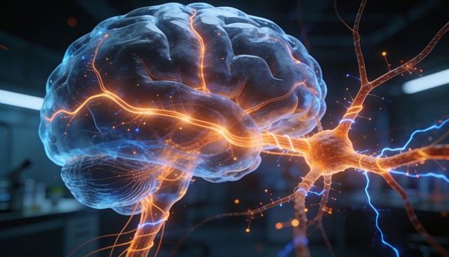 Illuminating translucent brain model with glowing neural pathways and firing neuron
