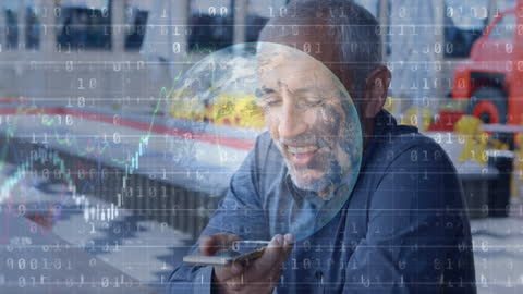 Global Businessman Analyzing Data on Smartphone with Earth Hologram