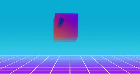 Floating neon magenta-cyan panel over retro purple grid horizon synthwave glowing abstract