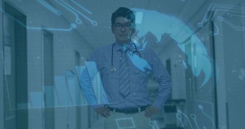 Mature Doctor in Hospital with Digital World Map Overlay