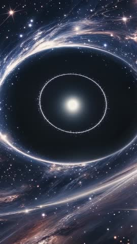 Vertical cosmic panorama opening with glowing orb, rotating ring and swirling nebula motion