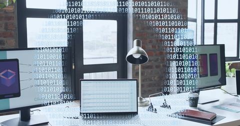 Digital Data Flow with Binary Code in Modern Office - Download Free Stock Images Pikwizard.com