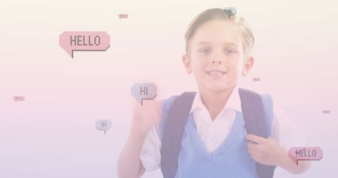 Cheerful Boy Sending Greetings with Speech Bubbles