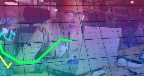 Woman analyzing financial data on laptop with neon grid and upward trend chart overlay