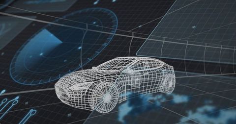 Futuristic Wireframe Car Rotating on Virtual Grid with HUD Radar Overlays
