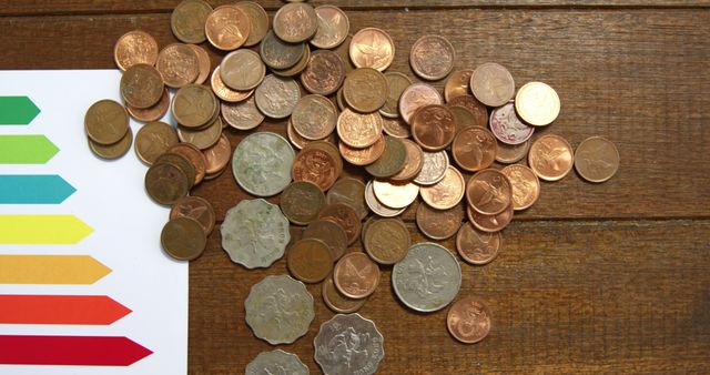 Various foreign coins scattered across a wooden surface next to a colorful financial graph. Ideal for use in articles or advertisements related to finance, currency exchange, budgeting, or financial planning.