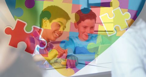 Children Engaging with Technology and Puzzle Overlay for Autism Awareness - Download Free Stock Images Pikwizard.com