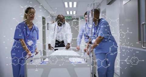 Diverse Medical Professionals Collaborating with Digital Science Data