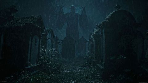 Rainy Night in Haunted Cemetery with Ghostly Figure