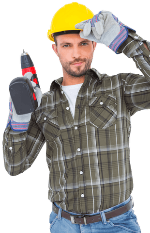 Confident handyman with power drill isolated on transparent background