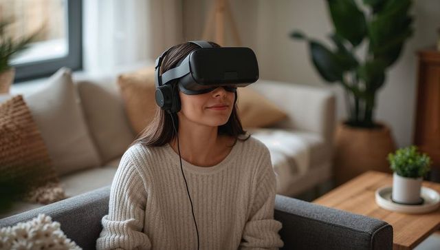 Relaxing woman experiencing virtual reality with headset and headphones in cozy living room