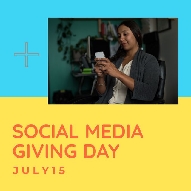 Social Media Giving Day Announcement with Professional Woman Using Smartphone - Download Free Stock Templates Pikwizard.com