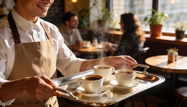 Smiling barista serving three steaming coffee cups on silver tray in cozy sunlit cafe