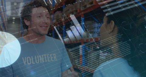 Volunteers collaborating with digital analytics overlay