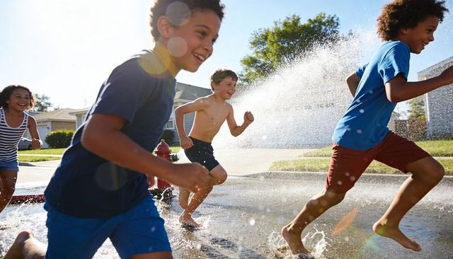 Kids running through fire hydrant spray on sunny suburban street, splashing summer joy