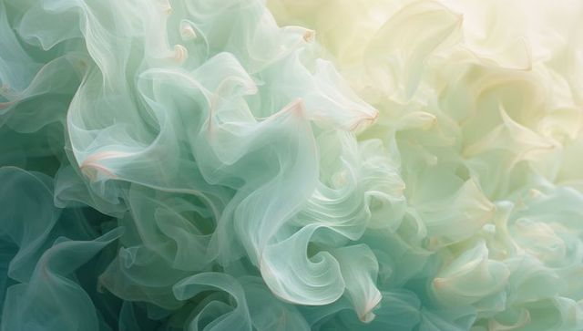 Mint teal silk swirls with peach highlights, ethereal abstract background for design