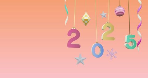 Floating 2025 Numbers with Festive Decorations on Pink Gradient