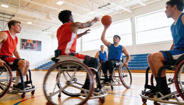 Wheelchair basketball players competing for jump shot in bright indoor gymnasium