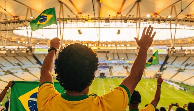 Brazilian football fan cheering in stadium waving flag during energetic crowd celebration