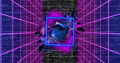 Futuristic neon geometry and tropical leaves digital art