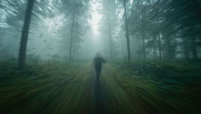 Mysterious Silhouette Running on Foggy Forest Path