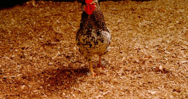 Colorful chicken walking in farmyard surrounded by brown sawdust ground. Ideal for agricultural websites, farming blogs, and livestock farming magazines. Highlights free-range poultry and rural farm life.