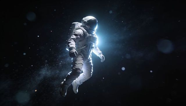 Lone astronaut floating in deep space with mirrored visor and plss backpack