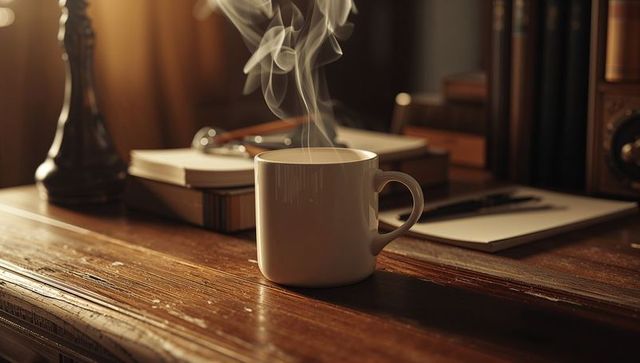 Steaming Coffee Mug on Cozy Wooden Desk with Books and Lamp