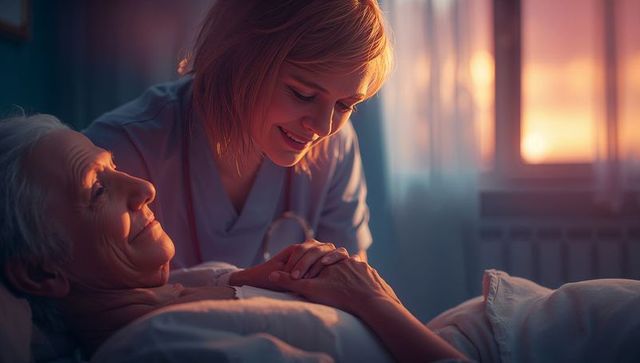 Caregiver Comforting Elderly Patient at Sunset, Hospital Room