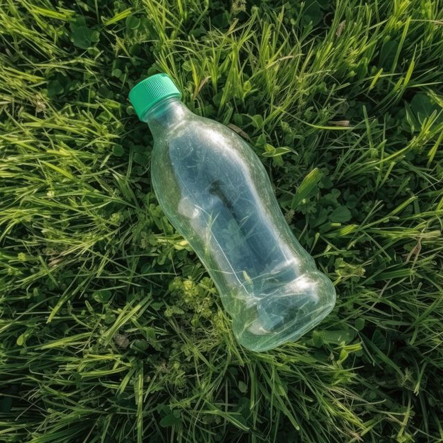 Plastic bottle with green top on grass background, created using generative ai technology. Recycling, environment and climate change awareness concept digitally generated image.