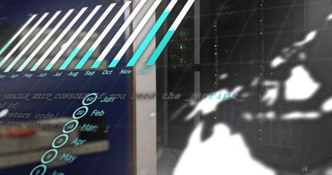 Data Analytics Projection in Modern Server Room with Digital Bar Chart