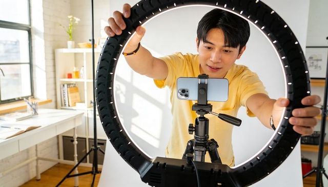 Asian creator adjusting ring light and smartphone on tripod in bright home studio corner
