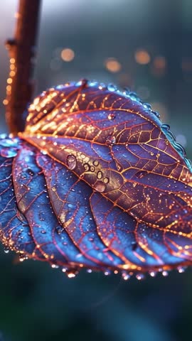 Vertical macro video zooming over purple leaf with golden veins and dewdrops, forest bokeh