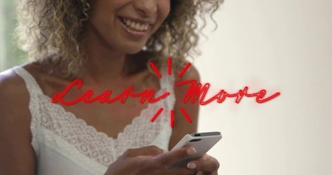 Smiling woman tapping smartphone, exploring learn more prompt, lifestyle digital marketing