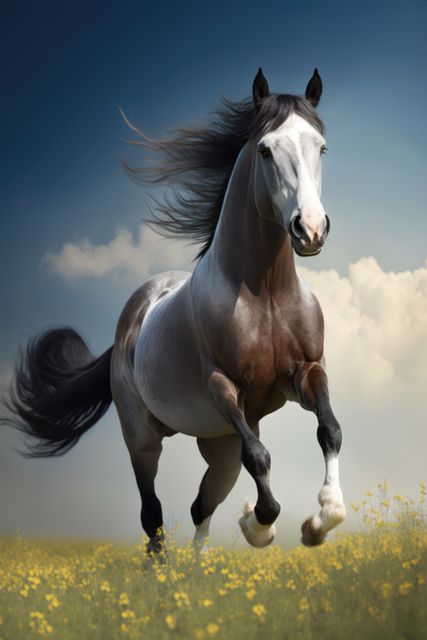 Brown horse running in meadow, created using generative ai technology. Nature, horse, animal and wildlife concept digitally generated image.