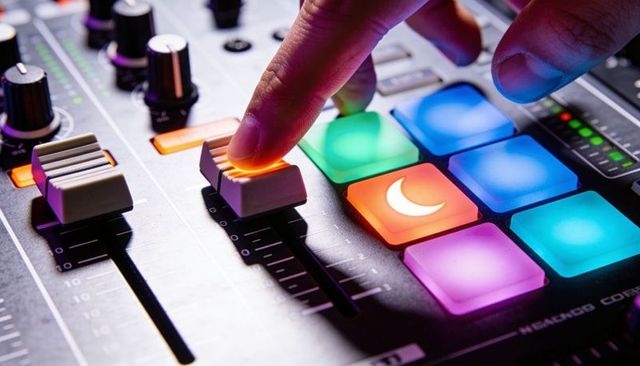 Index Finger Pressing Backlit Fader on RGB DJ Controller with Crescent Moon Pad