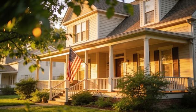 Golden hour suburban house with american flag on porch, white clapboard colonial home