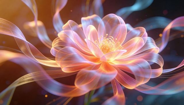 Luminous ribbon flower emitting amber and violet glow, ethereal macro bokeh