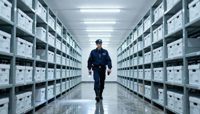 Security guard patrolling archive aisle holding flashlight and radio in document storage