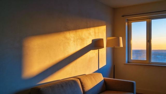 Sunrise light bathing sofa and casting long lamp shadow across minimalist lounge wall