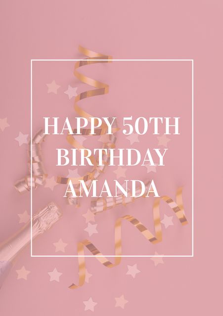 Pink themed invitation for 50th birthday celebration includes elegant golden ribbons, star confetti, and champagne bottle. Perfect for birthday party invitations, milestone celebration cards, and other festive announcements.