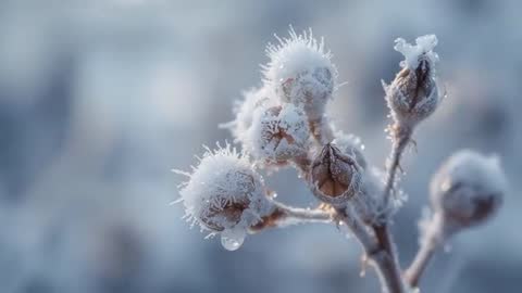 Hoarfrost-Coated Seed Pods Warming in Soft Morning Light, Droplet Forming and Falling
