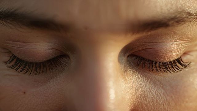 Closeup of Closed Woman Eyes Showing Long Eyelashes, Eyelids, Skin Texture and Beauty Mark