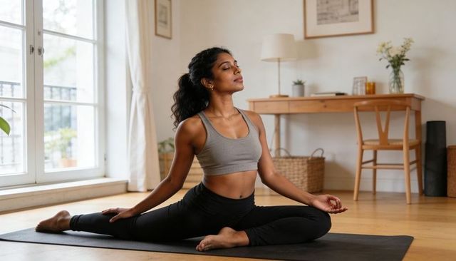 Indian woman practicing yoga and meditating at home on mat in bright minimalist living room