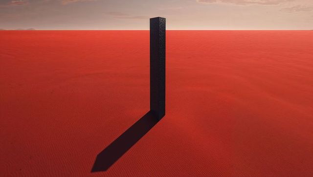 Dark monolith standing on red sand dunes casting long shadow at sunset