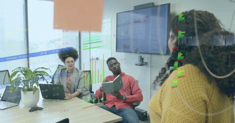 a team of business professionals is engaging in data analysis meeting, exploring digital data visualizations on a wall screen. ideal for illustrating concepts of finance, technology in business, and collaborative work environments.